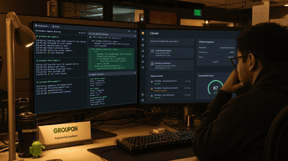 Quiet engineering pod after hours with two monitors