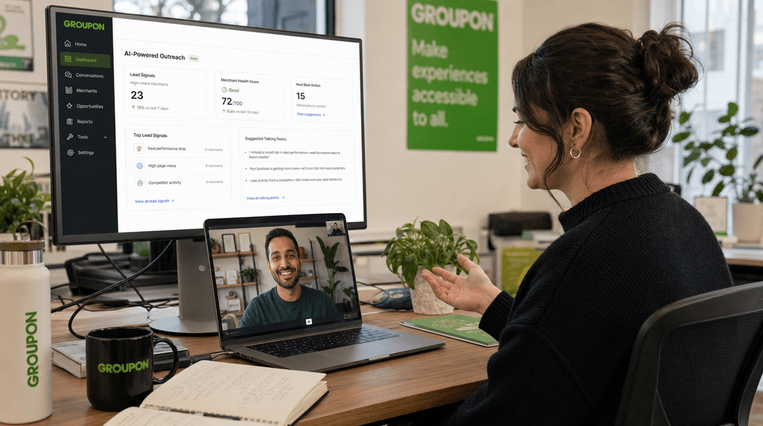 Field salesperson and local merchant reviewing AI-generated brief